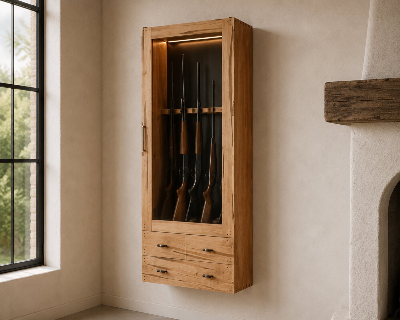 Wall-hung ambrosia maple and mahogany gun cabinet
