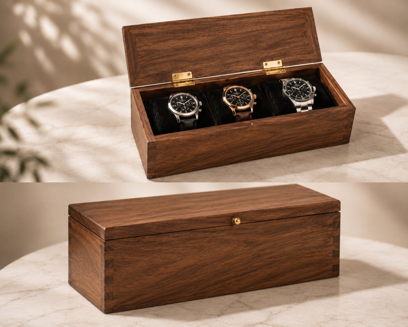 Open and closed views of a walnut watch box