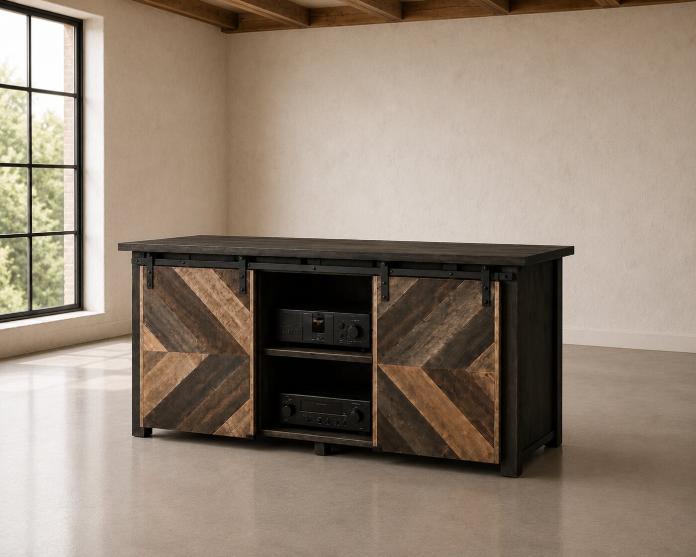 Record cabinet built from reclaimed hardwood